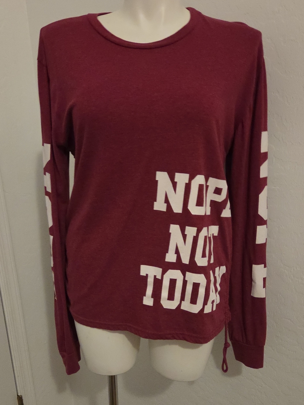 On Fire Burgundy Long-Sleeve Tee with White 'NOPE NOT TODAY' Graphic